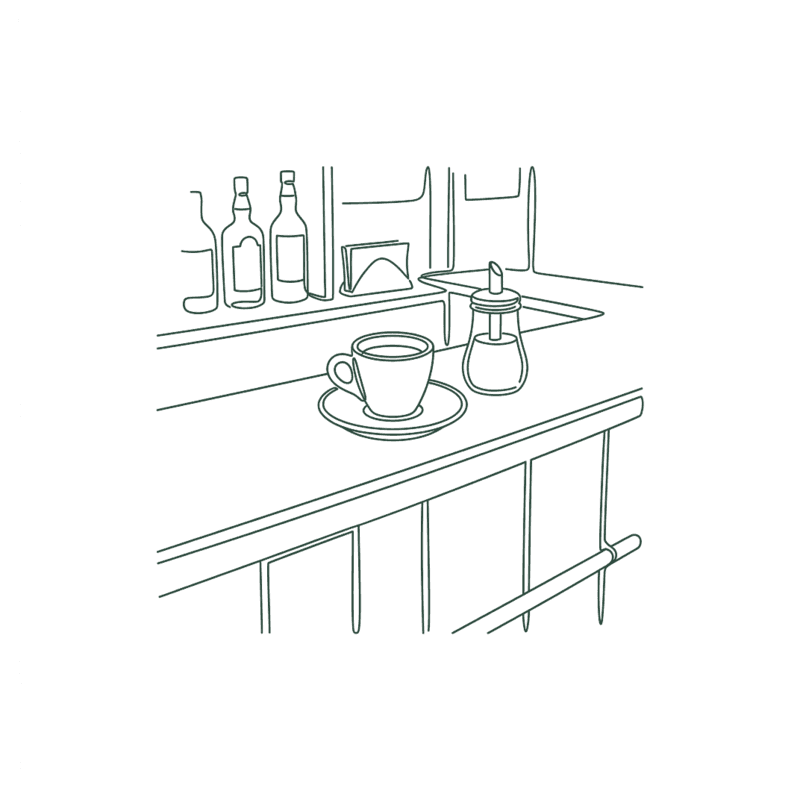 Line illustration of a cafezinho cup on a botequim counter