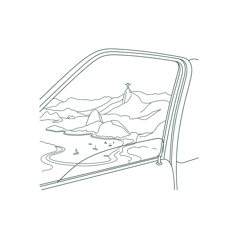 Line illustration of Cristo Redentor seen through a taxi window