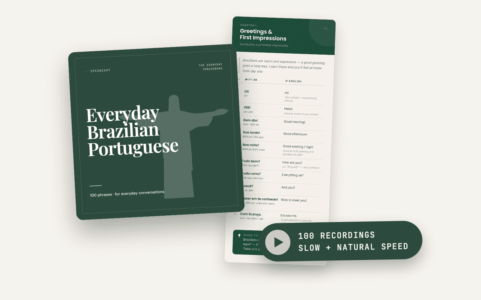 What ships in the program: the phrasebook, a real interior page, and audio for all 100 phrases at slow and natural speed