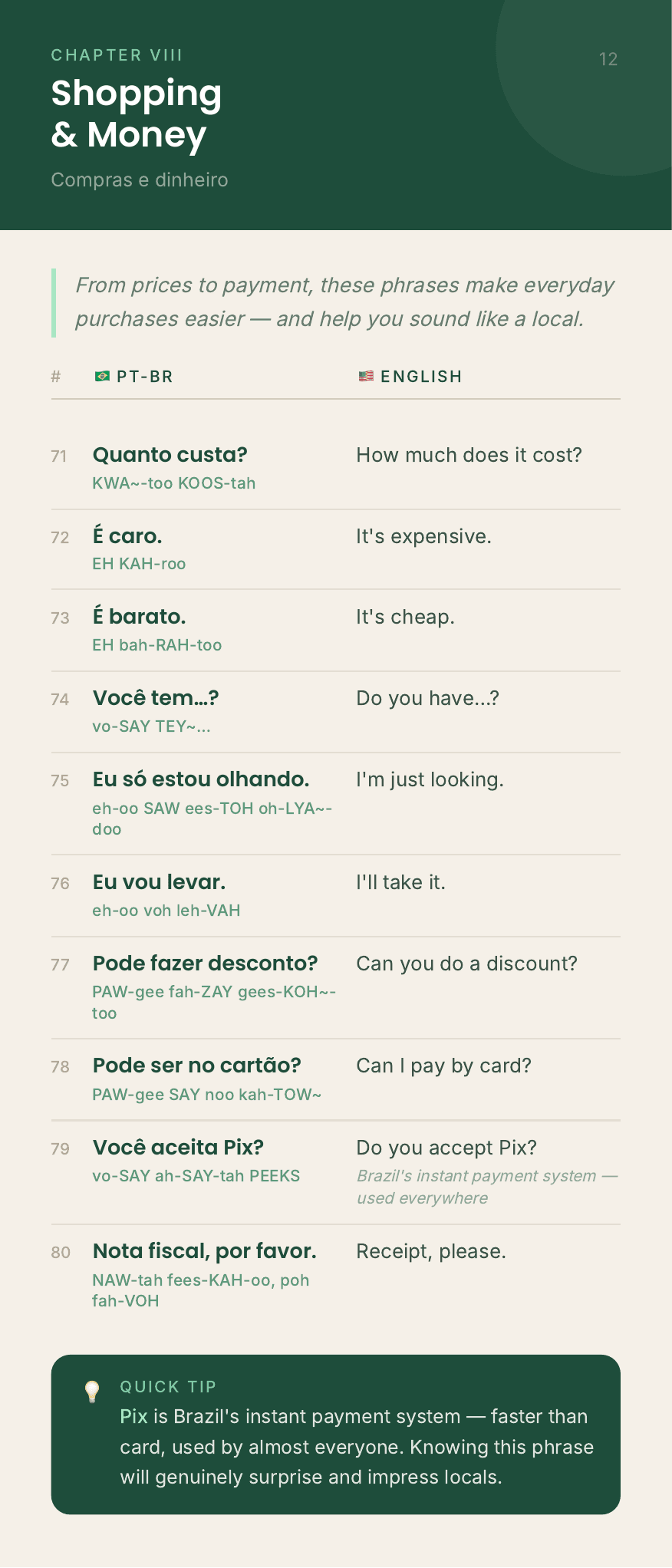 Phrasebook page: Chapter 8, Shopping and Money, with a quick tip about Pix